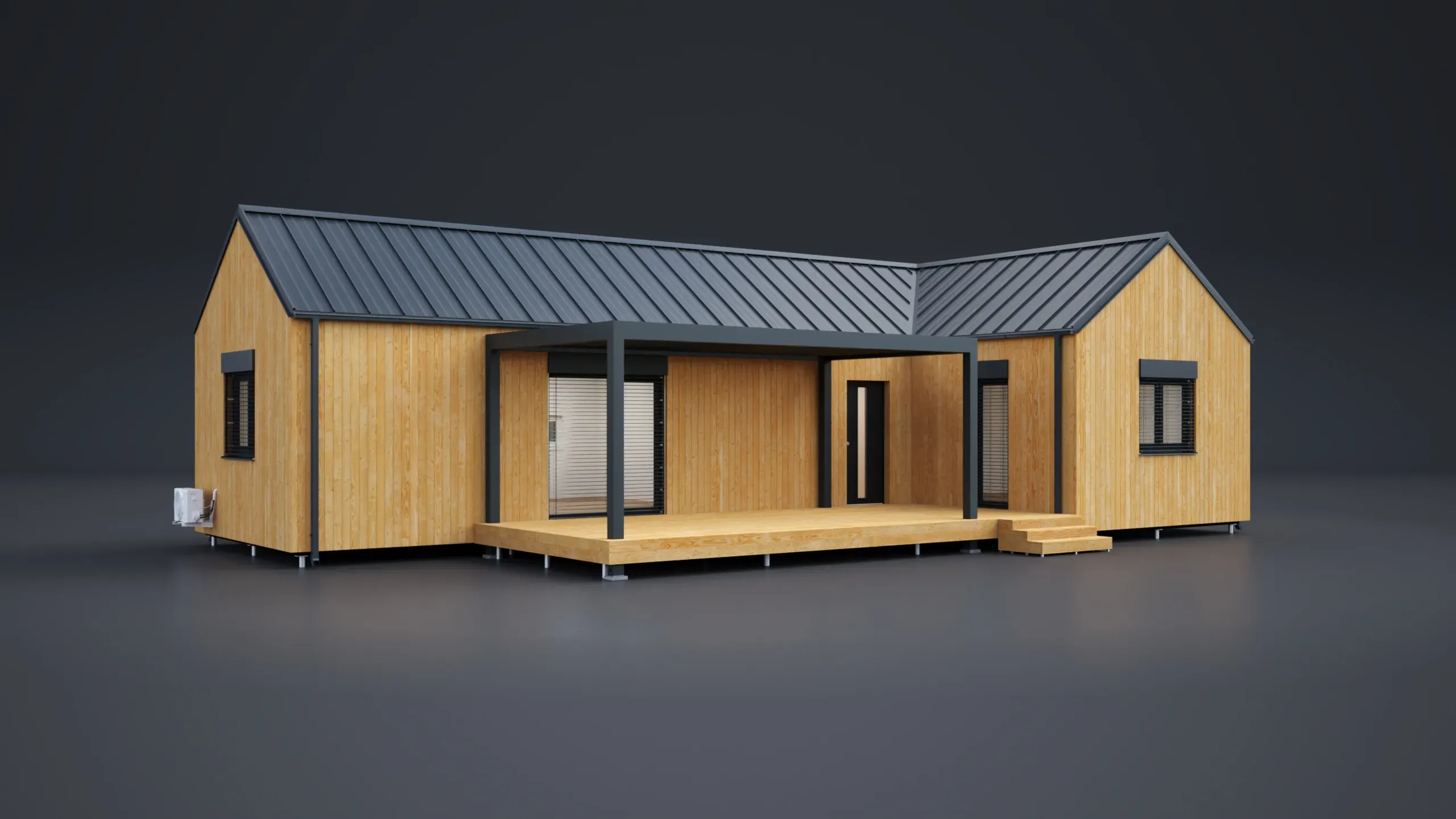 3D model domu - Zweimodulige T Holzfassade 94 m²-Satteldach