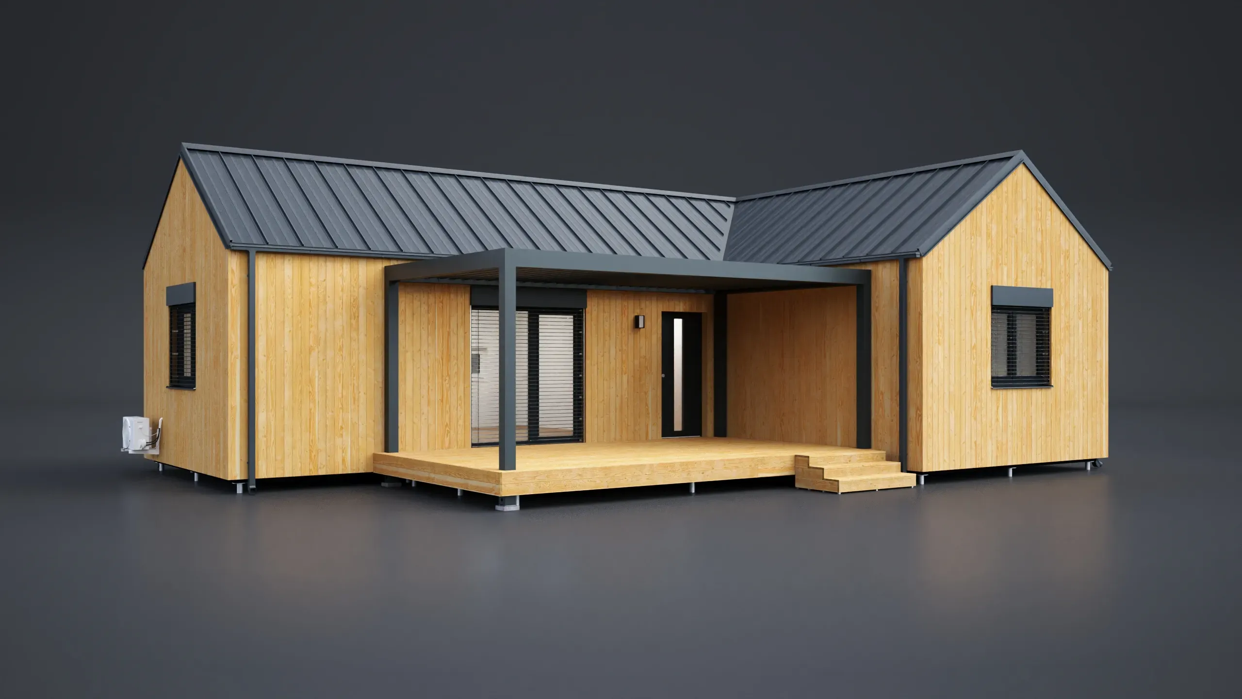 3D model domu - Zweimodulige L Holzfassade 94 m²-Satteldach