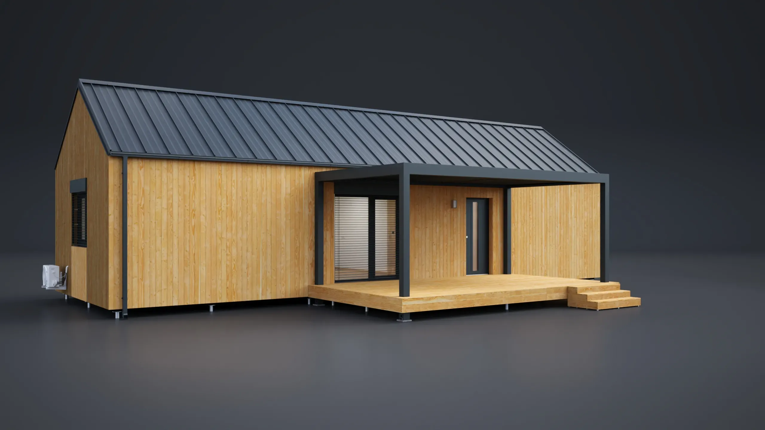 3D model domu - Einzelmodul Holzfassade 75m²-Satteldach